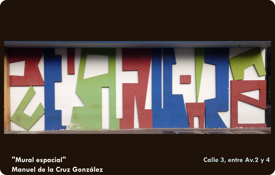 Mural bastracto que muestra varias formas geometricas organizadas de manera lineal